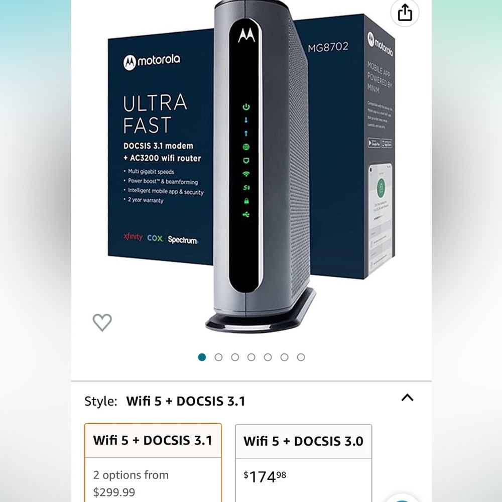 Motorola MG8702 docsis 3.1 cable modem + ac3200 Wifi router